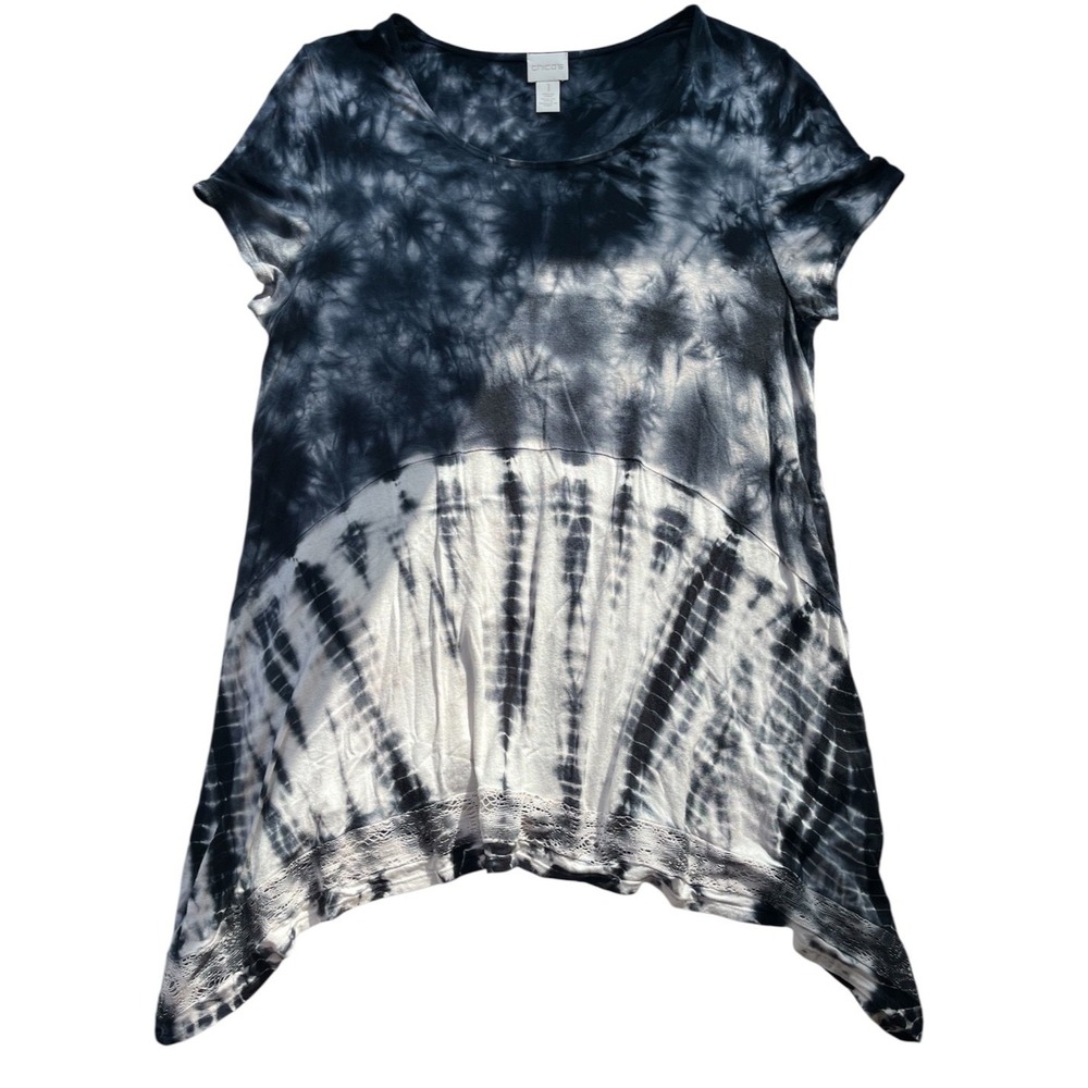 Chico's Tie Dye Tunic Top Women's sz 1- Medium Soft‎ Stretch Lace Hem LagenLook